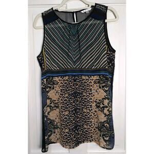 Cabi Sheer Striped Cheetah Animal Print Tank Top Women's M Boho Keyhole (1049)